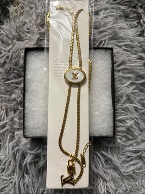LV Gold-Tone & White Pearl Logo Long Necklace